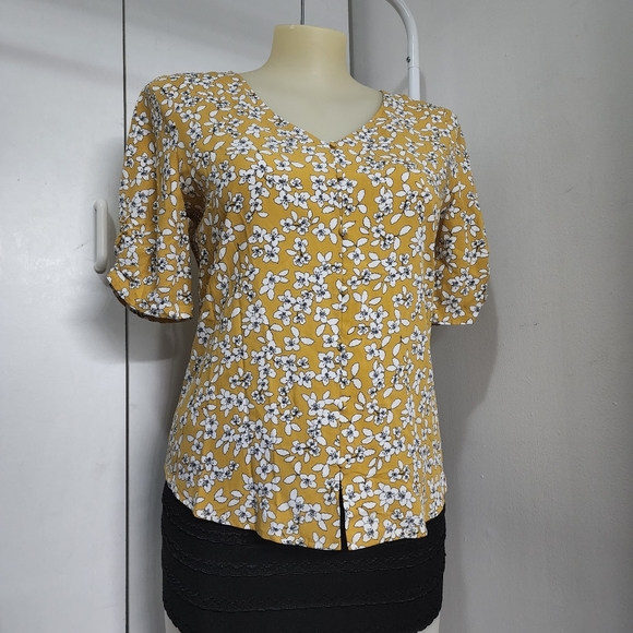Aus12 Jacqui E Yellow White Floral Front Button Up Short Sleeve Blouse - Picture 10 of 16
